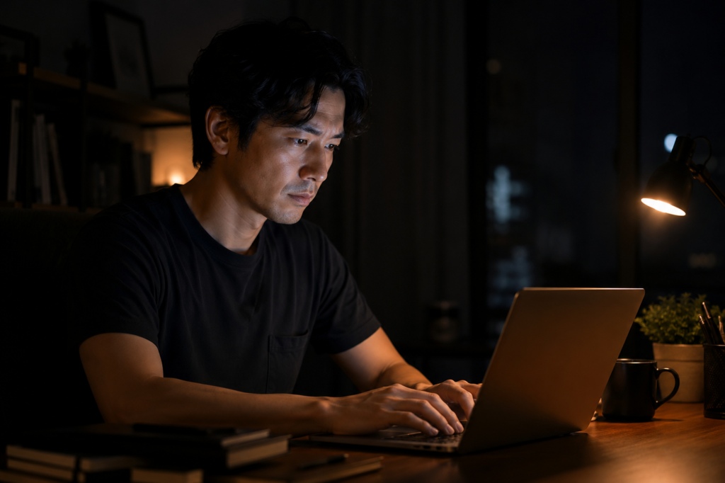 30代男性が深夜に集中した表情で
ブログ記事を執筆している様子