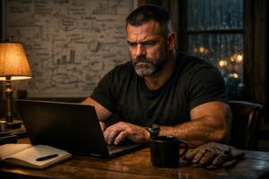 夜の薄暗い部屋で、無精ひげのたくましい男性が木製デスクに座り、ノートPCで作業している。背後には手書きのビジネス戦略や財務チャートが描かれたホワイトボードがあり、机の上にはコーヒー、ノート、革のドライビンググローブが置かれている。窓の外には雨に濡れた都会の灯りが見える。