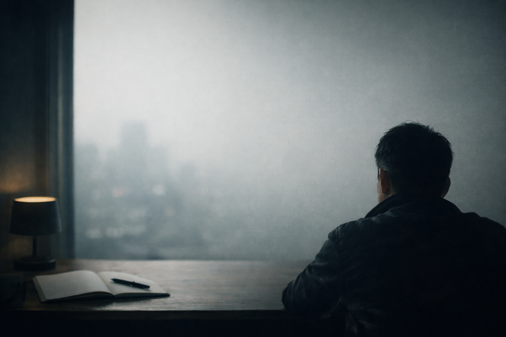 窓際のデスクに座り、夜の街を見つめながらこれからの方向性を考える30代男性の後ろ姿