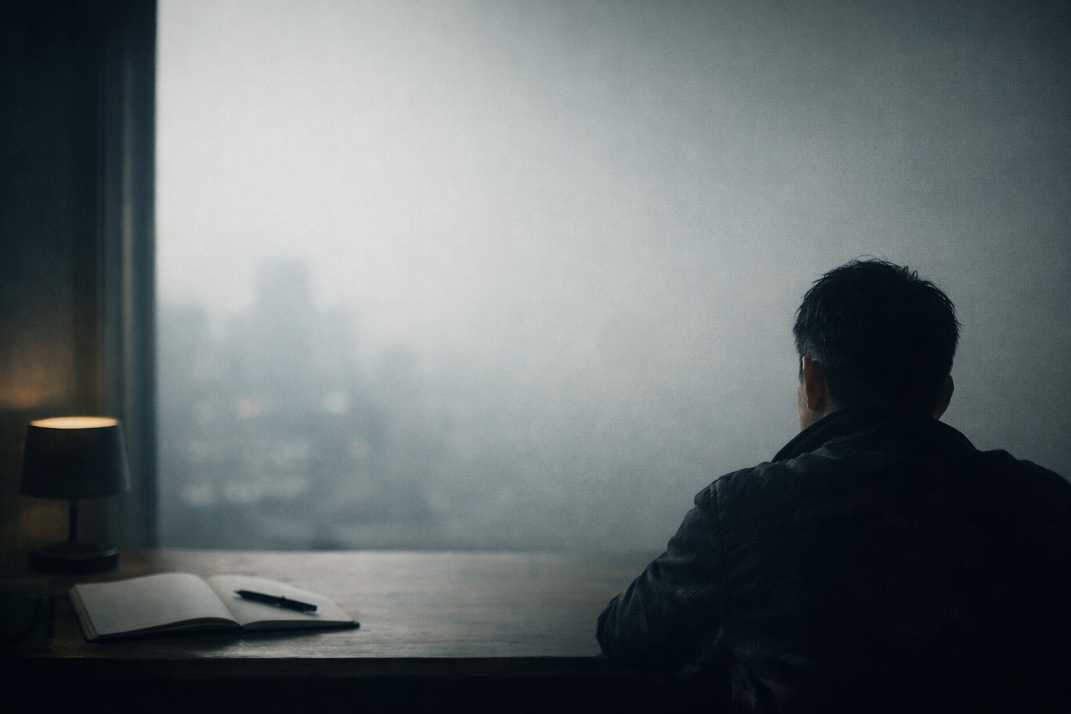 窓際のデスクに座り、夜の街を見つめながらこれからの方向性を考える30代男性の後ろ姿