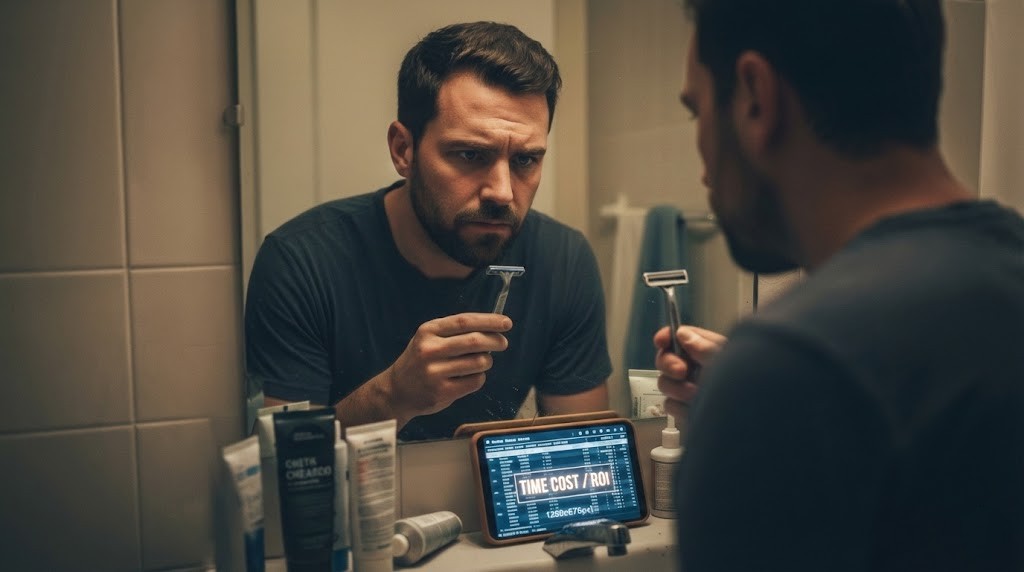 鏡の前でカミソリを手に持ち、髭剃りの時間コストとROI（投資対効果）を分析する30代男性。洗面台には「TIME COST / ROI」のチャートが表示されたタブレットが置かれている。