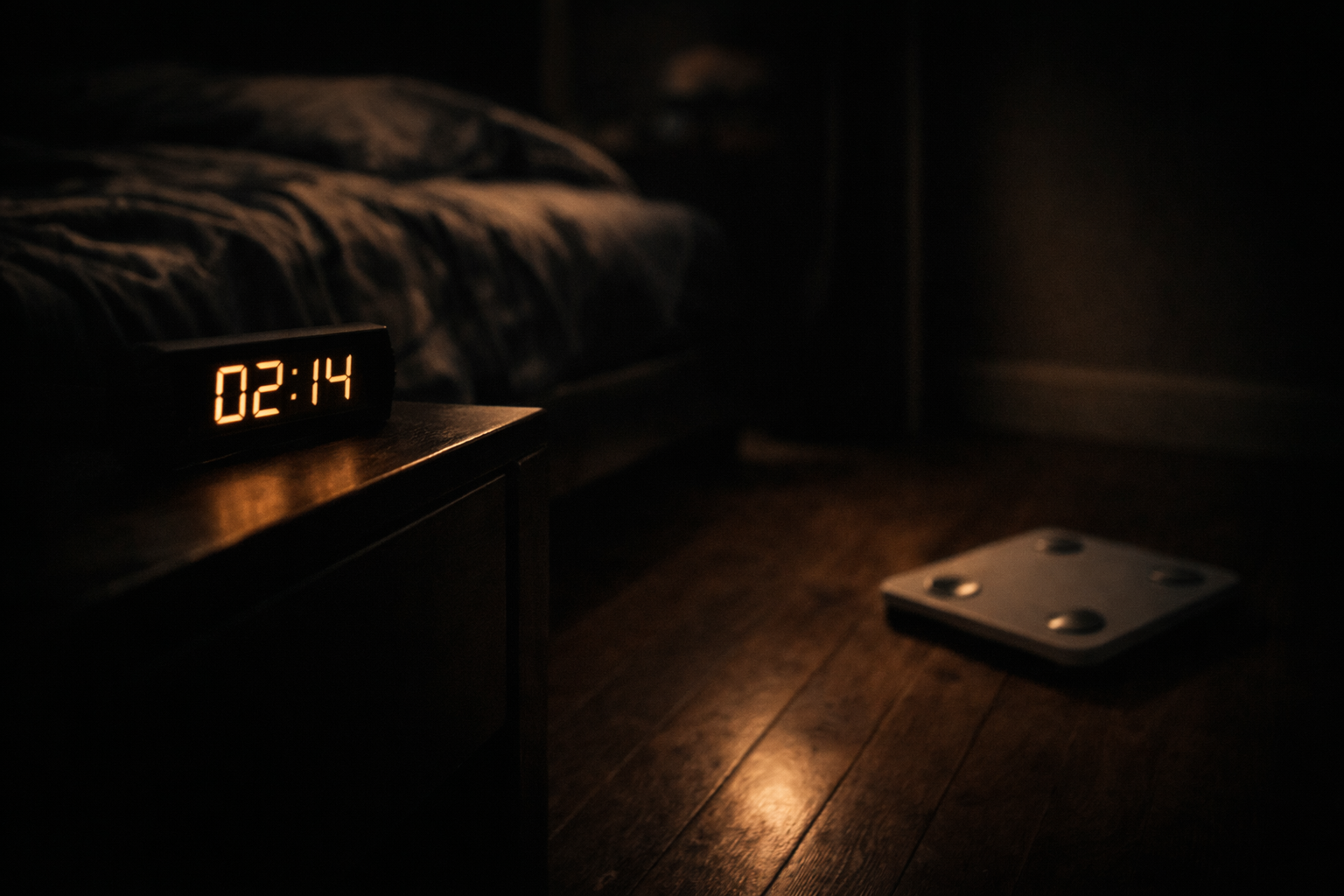 睡眠不足とダイエット停滞の関係を示す——暗い寝室と体重計