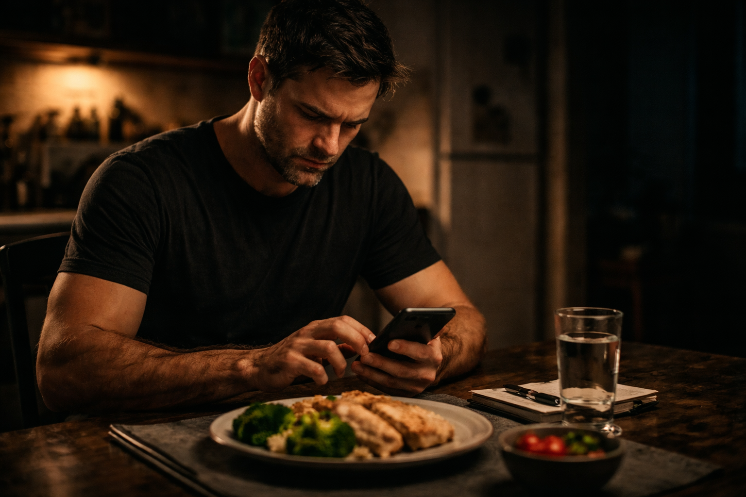 30代男性がキッチンテーブルで鶏肉と野菜の食事の前にスマホへ食事内容を記録している様子