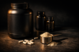 暗いコンクリートの上に並べられたプロテインジャーとサプリメントボトル、ゴールドの光が当たるシネマティックな静物写真