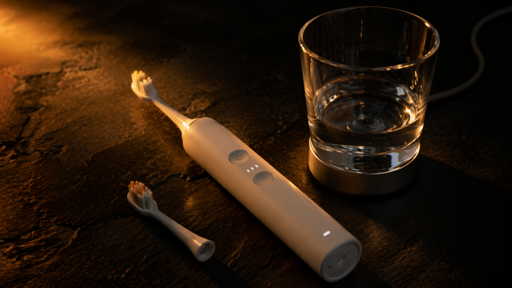 フィリップス ソニッケアー ダイヤモンドクリーンスマート HX9911のホワイト本体と充電グラスをダークな背景に並べたシネマティックな構図。34歳工場作業員が3ヶ月使った電動歯ブラシレビュー記事のアイキャッチ。