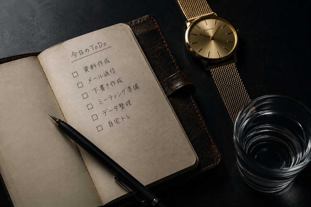 手書きのTODOリストが書かれたノートと金色の腕時計、水のグラスを並べたフラットレイ写真。自己管理の設計をイメージした静物
