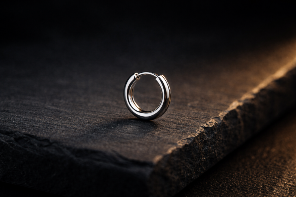 Tom Wood Classic Hoop Smallのシルバーフープピアス。ダークな背景にゴールドの光が当たるシネマティックな構図。