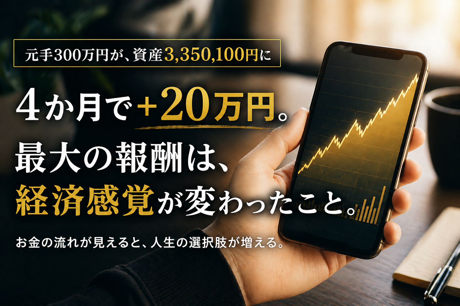 NISAで4ヶ月運用・元手300万円が資産335万円に増加したスマートフォン画面と右肩上がりのゴールドチャート