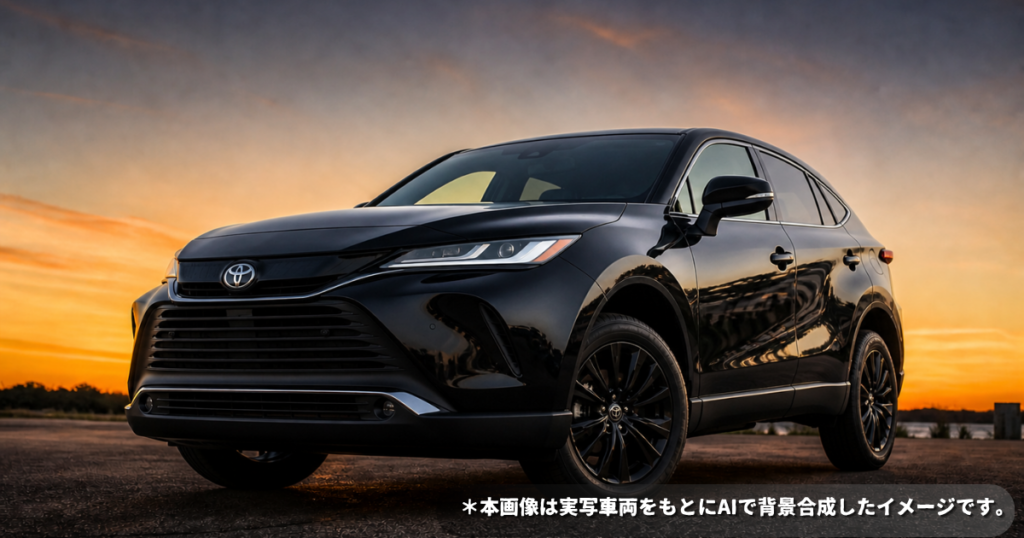 黒のトヨタ ハリアーを夕焼けの路面背景に合成したイメージ（実写車両＋AI背景）