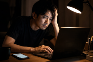 30代男性が深夜に空白のブログ画面を 前に手を止めている様子
